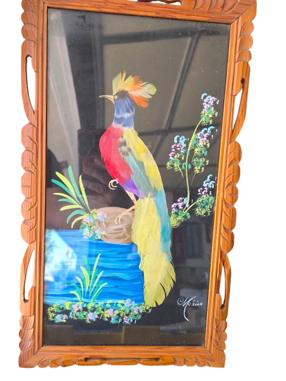 VINTAGE CARVED WOOD FRAME WITH FEATHERED COCATEEL PAINTING UNDER GLASS